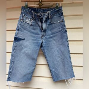 Levi’s blue long shorts, distressed, side blue streak, zip fly closure,W29L34